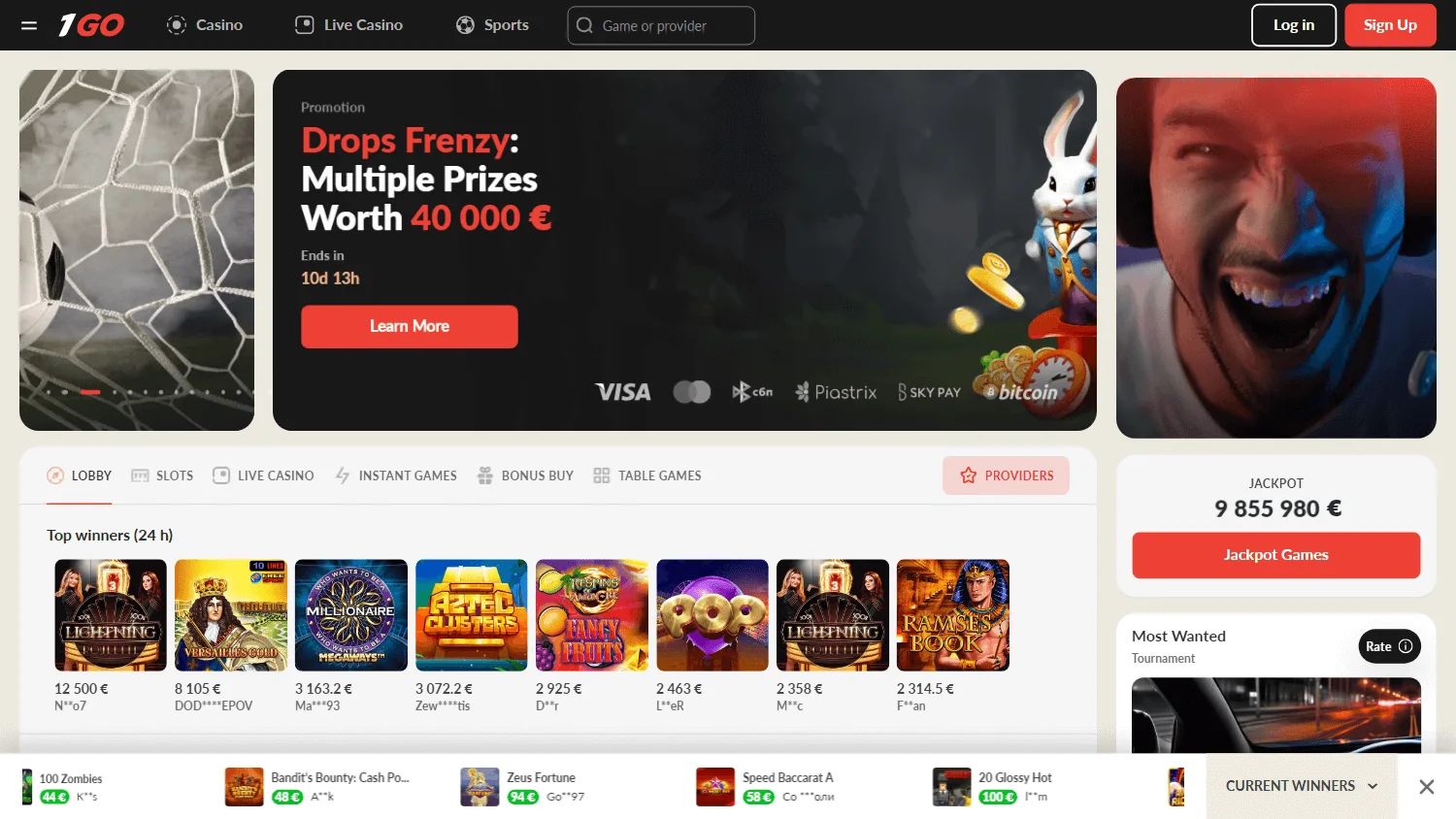 1go Casino desktop home interface with casino and platform services