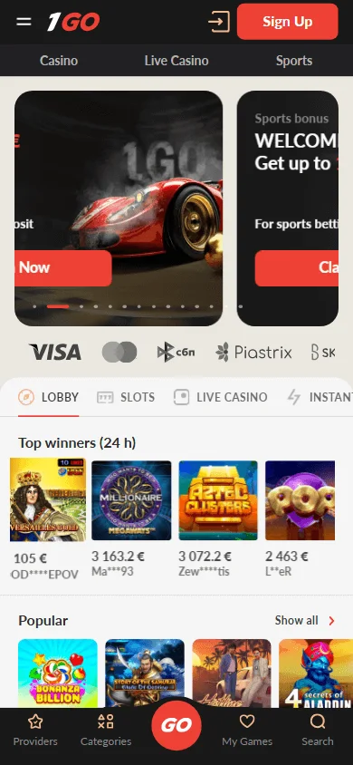 1go Casino mobile home interface