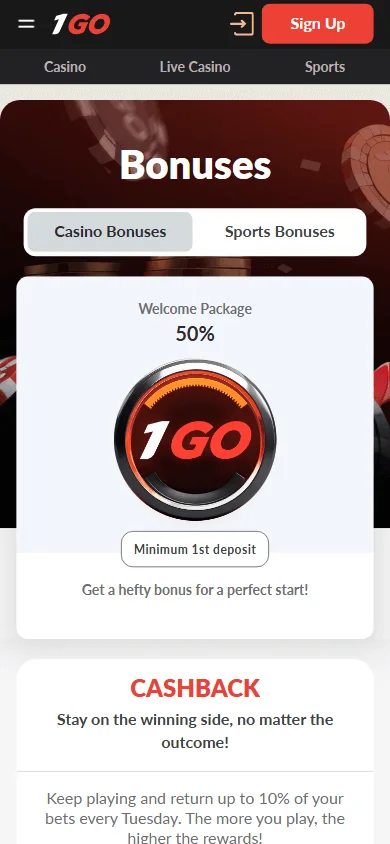 1go Casino mobile promotions area