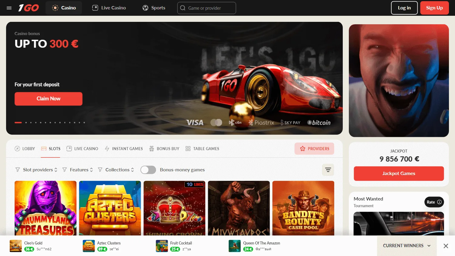 1go Casino desktop promotions area with casino and sports offers